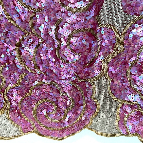 VTG Sequin Beaded Cropped Top Pink Gold Roses Scallop Hem Fairycore Glam  14 - Picture 6 of 8